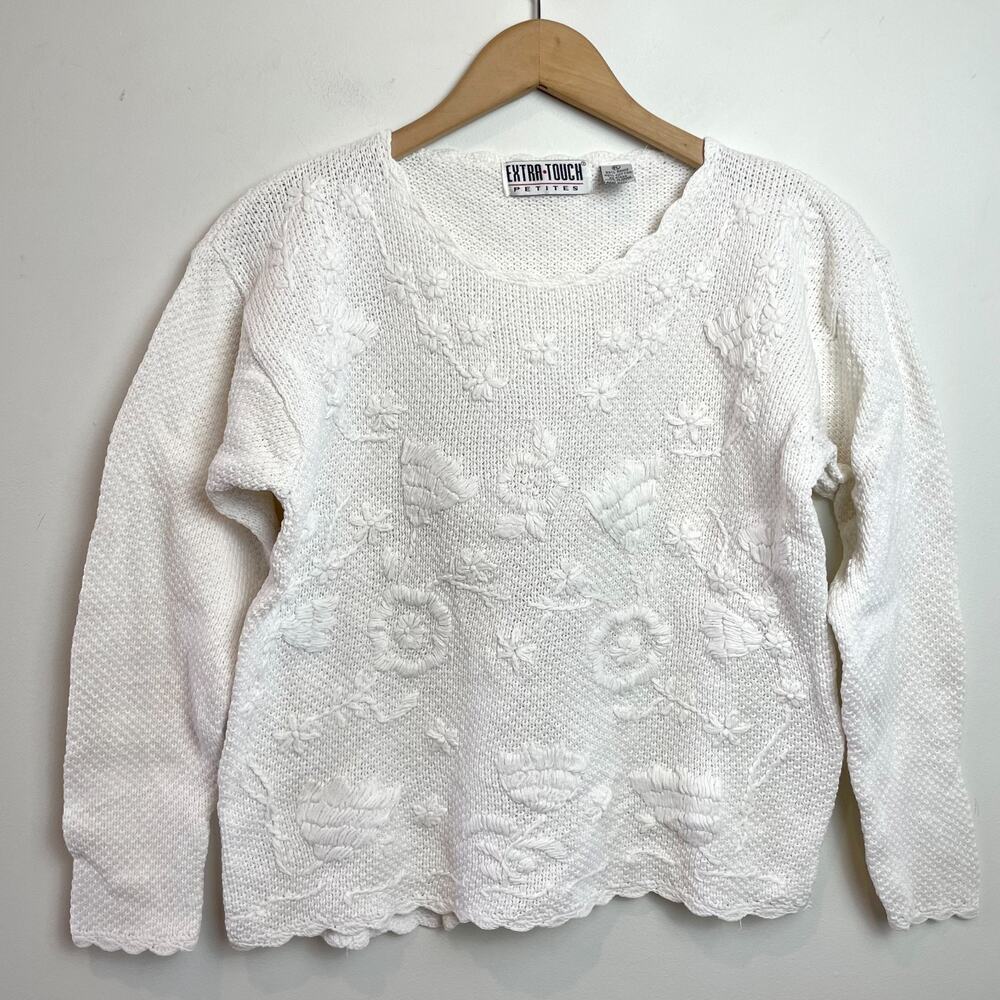 Vintage 90s White Embroidered Sweater Small Cotton‎ Blend Cottage Minimalist